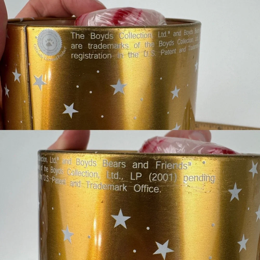 Vtg Boyds Bears Small Gold Round Tin w‎ Stars Christmas Peppermint Candles READ